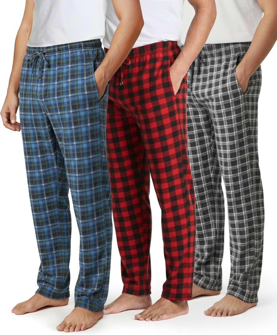Real Essentials 3 Pack: Men's Fleece Pajama Pants Loungewear Soft PJ Bottoms Sleepwear with Pockets XL