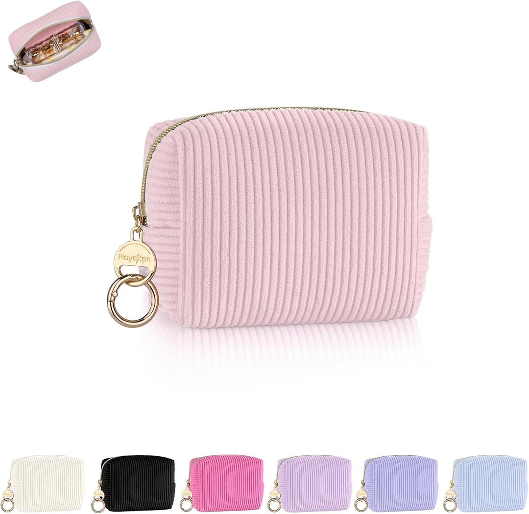 Playexen Mini Makeup Bag, Corduroy Small Cosmetic Bag for Purse with Ring Buckle, Portable Travel Makeup Pouch for Lipsticks, Chapsticks, Coin, Earphone, Credit Card (Pink)