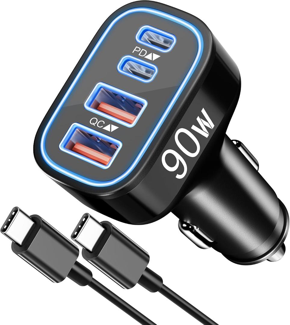 90W 4-Port USB C Super Fast Car Charger for Samsung Galaxy S26/S25/S24/S23/S22 Ultra, iPhone 17/16/15 Pro Max, Android, Type C Fast Charging Car Phone Charger Adapter Accessories + 3FT USB-C Cable