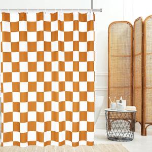 Tititex Aesthetic Checkerboard Grid Pattern Faux Linen Fabric Shower Curtain, White Vibrant Orange Modern Shower Curtain Sets Decoration 71x71 Inch with 12 Hooks