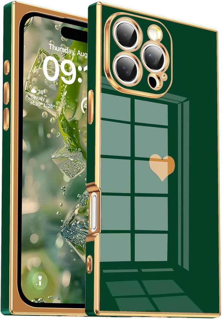 Tzomsze Compatible with iPhone 16 Pro Max Case for Women Girls,Camera Protection Cute Heart Pattern & Electroplate Reinforced Corners Shockproof Edge Bumper Case-Dark Green