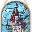 Open Road Brands Disney Beauty and the Beast Castle Hanging Glass Wall Decor - Beautiful Disney Princess Wall Art for Home (Blue)