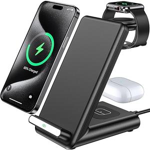 Wireless Charging Station,3 in 1 Charging Stand Made for Apple Watch Ultra 11 10 9 8 7 6 SE 5 4 3,Fast Wireless Charger Made for iPhone 17/Air/16/15/14/13/12,for AirPods Pro(with Adapter) (Black)