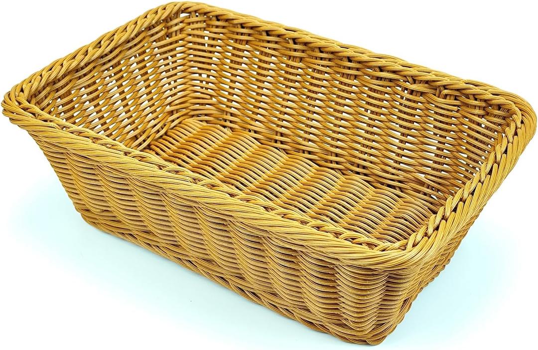 12" Poly Wicker Bread Basket, Hand Woven Food Storage Room Organizer, Fruits, Vegetables and Snacks Tabletop Food Serving Basket, Restaurant, Hotel Service, Brown (12 x 8 x 4 inches, Pack of 1)