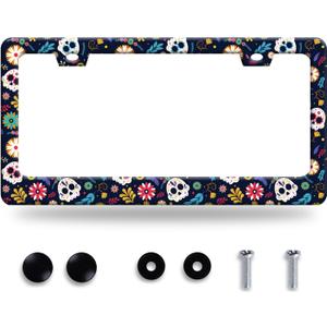 Sugar Skull Flowers License Plate Frame Cute Colorful License Plate Frames Stainless Steel Accessories Cars Decor with 2 Holes and Screws Fits Standard US CA Vehicles Size 12.2 x 6 Inches