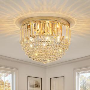 YMP&YZX Modern French Gold Crystal Chandelier Ceiling Light,15.7" Semi Flush Mount 5-Lights LED Crystal Round Chandelier Light E12 Base for Bedroom Living Room