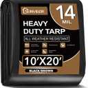 Sunvigor Tarp Waterproof 10x20Ft, Extra Thick 14 Mil Heavy Duty Tarp Cover, Tear & Fade Resistant, Outdoor Tarps with Brass Grommets and Reinforced Edges for Roof, Camping, Patio, Boat (Black/Brown)