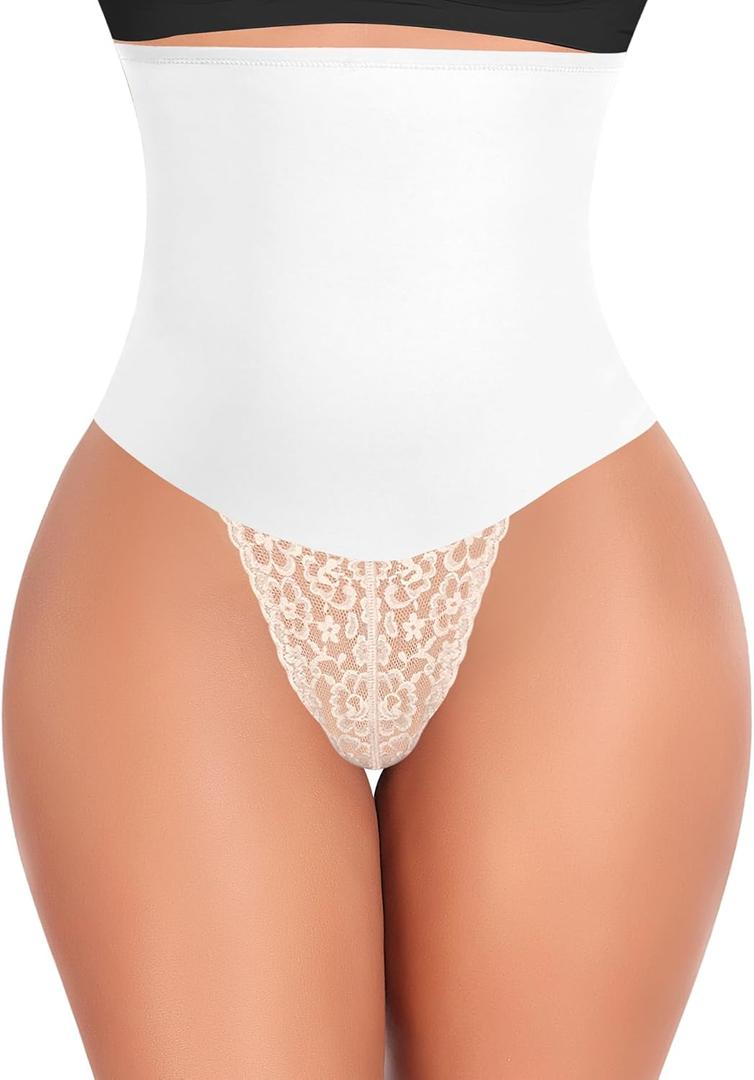 Werena Tummy Control Thong Shapewear for Women Mid High Waisted Body Shaper Underwear Lace Shaping Thong Girdle Panties (X-Large, #A2 High Rise White)