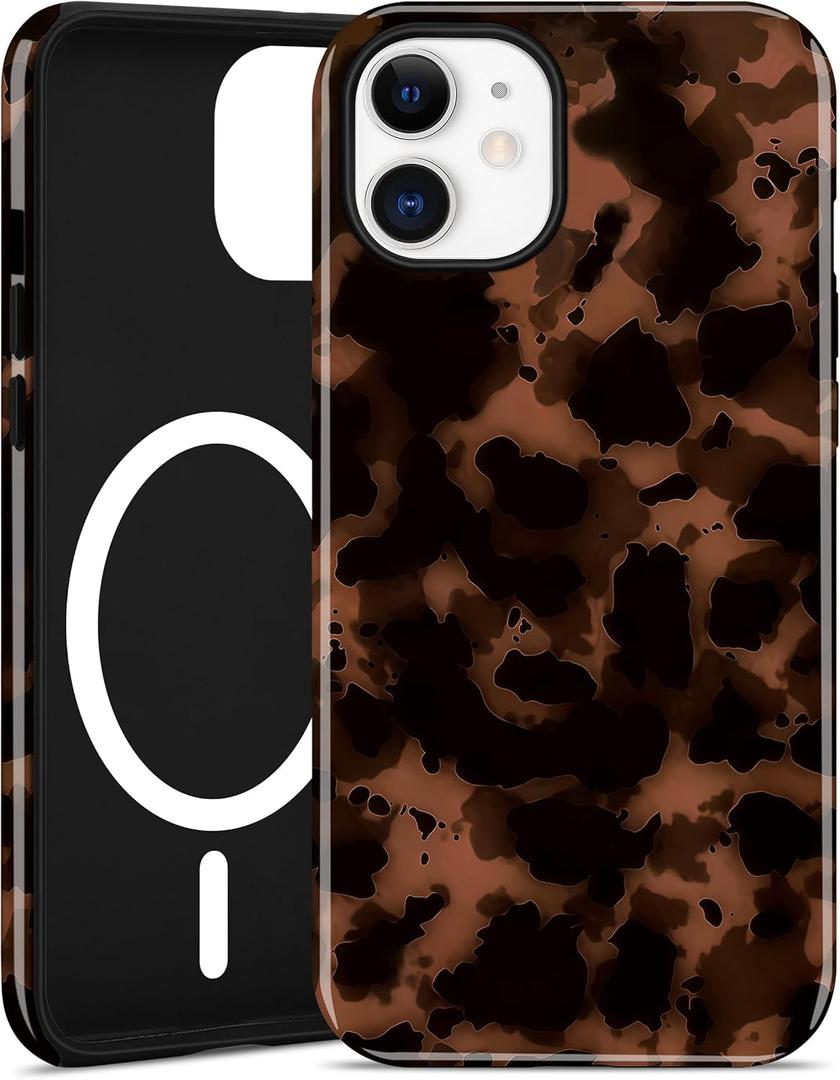 Jusy Compatible with MagSafe Brown Tortoise Shell Print Phone Case for iPhone 12/12 Pro, Amber Trendy Luxury Magnetic Soft TPU and Hard PC Protective Phone Cover for Women Girls - Brown