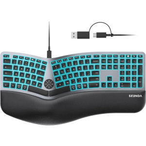 Wired Ergonomic Split Keyboard 7 Color Backlit Wrist Rest Full Size Numpad USB-A & Type-C Win/Mac