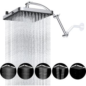 Hibbent Rain Shower Head, 13'' High Pressure Rainfall Square 5 Spray Mode Showerhead with 16" Shower Head Extension Arm, Solid Brass Adjustable Shower Arm Extender, Waterfall fixed Showerheads, Chrome