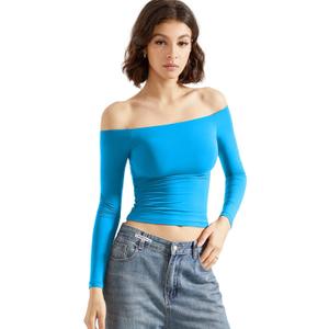 SUUKSESS Women Off Shoulder Double Lined Long Sleeve Shirts Basic Going Out Tops (Medium, Royal Blue)