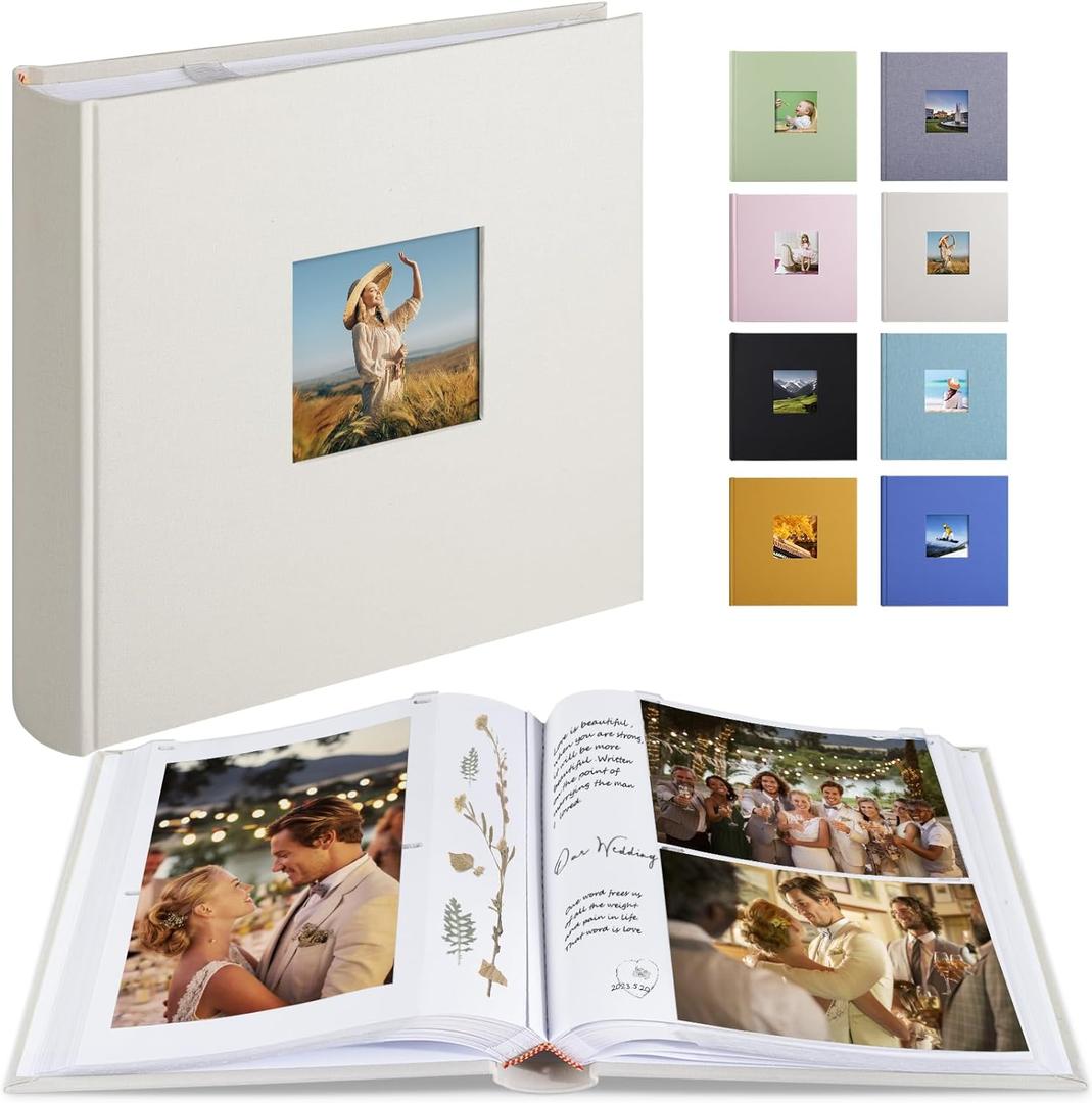 Photo Album with Writing Space 50 Pages 4x6 Photos Hold 200 or 5x7 Pictures Hold 100, Linen Cover Small Photo Book Albums with Memo for Anniversary Wedding Baby (Beige)