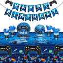 Tiamon 172 Pcs Video Game Party Decoration Set Game Happy Birthday Banner Gamer Supplies Plastic Tablecloth Paper Plates Tableware for Boy Girl Player Birthday Party Pack, Serving 24 Guests(Blue)
