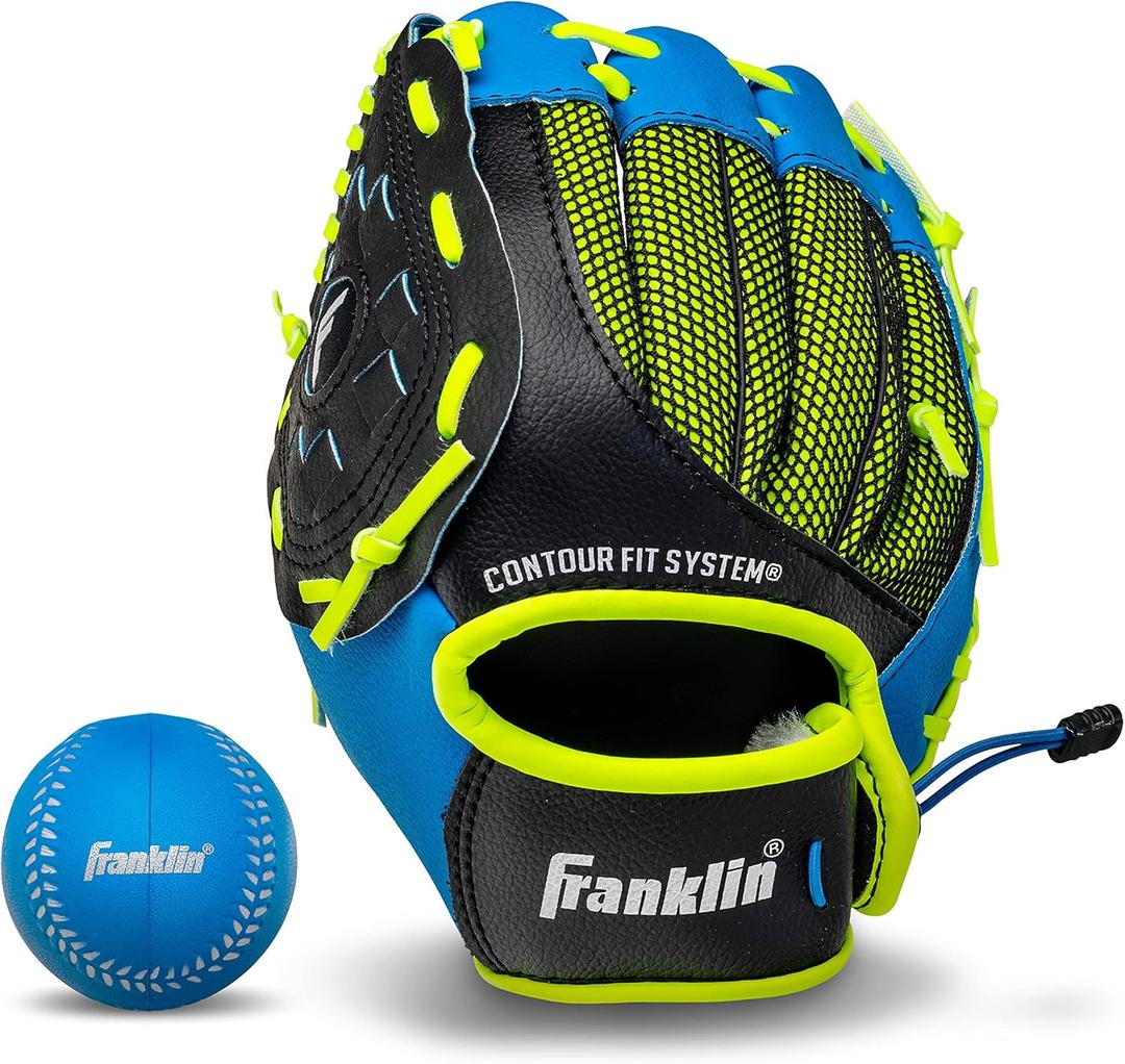 Franklin Sports Youth Teeball Glove - 9.0 Inch Neo-Grip Synthetic Leather Fielding Glove - Left & Right Handed Ready To Play with Ball (Blue)
