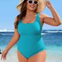 Charmo Womens Scalloped Ribbed One Piece Swimsuits Retro Square Neck Modest Bathing Suits (Blue, L)