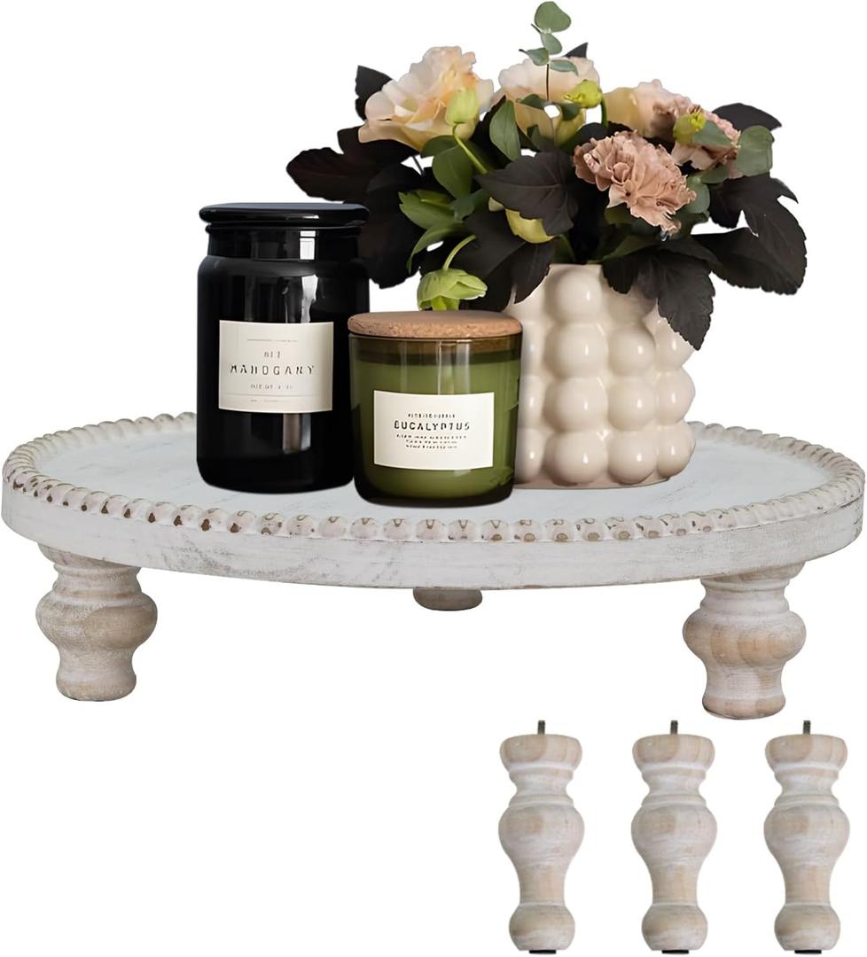 MAONAME Farmhouse Wood Riser for Display, Decorative Pedestal Stand for Kitchen Counter, Rustic Round Beaded Wooden Display Tray for Home Decor, Short and Tall Footed, 11.87 Inch