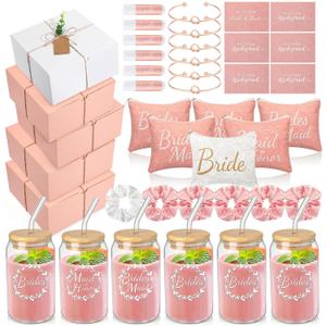 54 Pcs Bridesmaid Proposal Gifts, Maid of Honor Bride Gift Include Wedding Gift Box Makeup Bag Invited Card Glass Cup Lip Balm Scrunchie Bracelet for Bridal Shower Party(Pink, White)