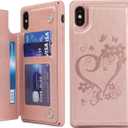 iCoverCase Compatible with iPhone X/XS Wallet Phone Case with Card Holder for Women, RFID Blocking Embossed PU Leather Wrist Strap Case 10/10S 5.8" (Heart Rose Gold)