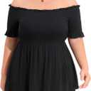 Plus Size Off The Shoulder Tops Summer Short Sleeve Smocked Baby Doll Shirt Tunic Blouse (2X, Black)