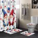 Red Blue Gnome American Flag 4PCS Shower Curtains Set with Toilet Lid Cover Non-Slip Rugs, Independence Day Waterproof Shower Curtain Set for Bathroom with 12 Hooks 66x72 in