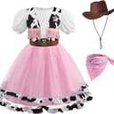 Pink Cowgirl Costume for Girls Cow Outfits with Hat Halloween Cosplay (3-4 Years, Pink)