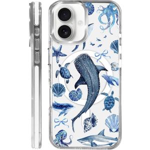 for iPhone 16 Case,Compatible with MagSafe,The Transparent TPU Silicone Protects The Phone Case from Drops, Slips and Fingerprints.Blue Ocean Whale Shark Octopus Turtle Collage