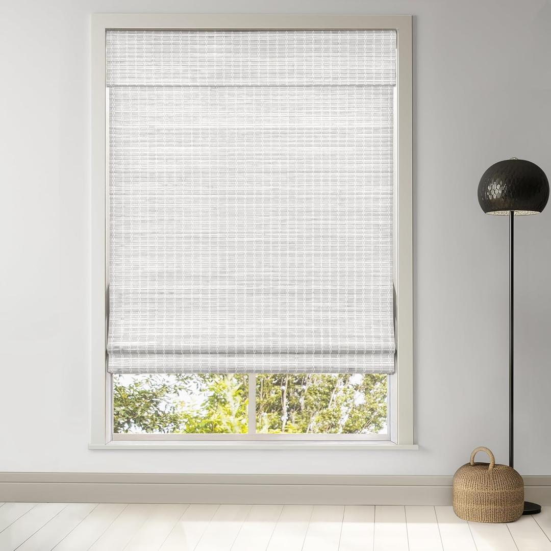 LazBlinds Cordless Bamboo Roman Shades, Privacy Blinds for Interior Windows, Room Darkening Roll Up Bamboo Blinds for Home & Patio, 34.5" W x 48" H, Alpine Ivory