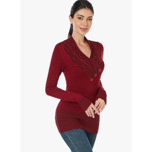 AmélieBoutik Women Crossover Cable Knit V Neck Long Sleeve Pullover Sweater, S