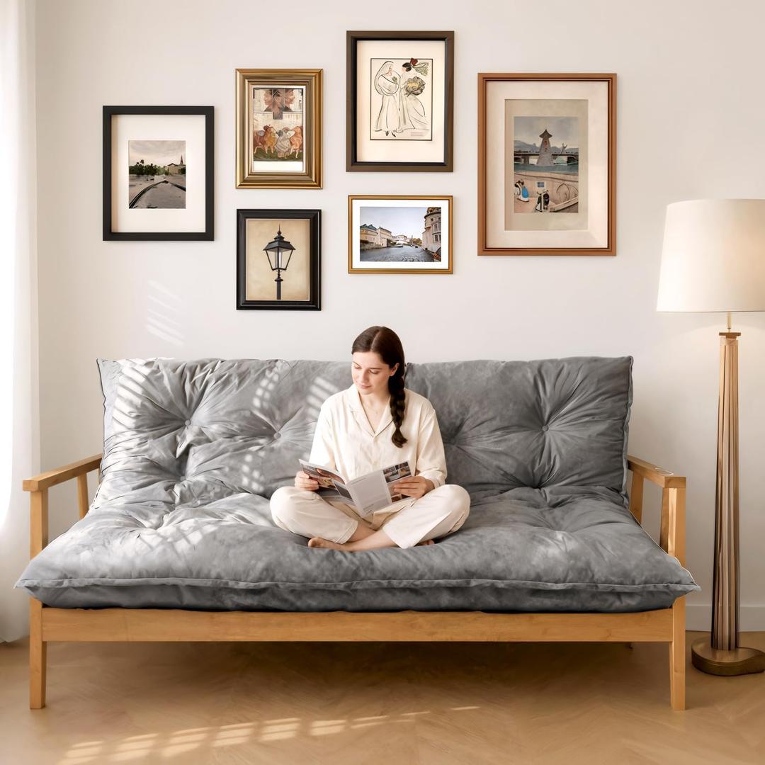 6" Futon Mattress Full Size, Tufted Futons Sofa Couch Bed with Twisted Rope Design Edging,Versatile Floor Mattress for AdultsShredded Foam Filling (Frame Not Included Gray, Full)