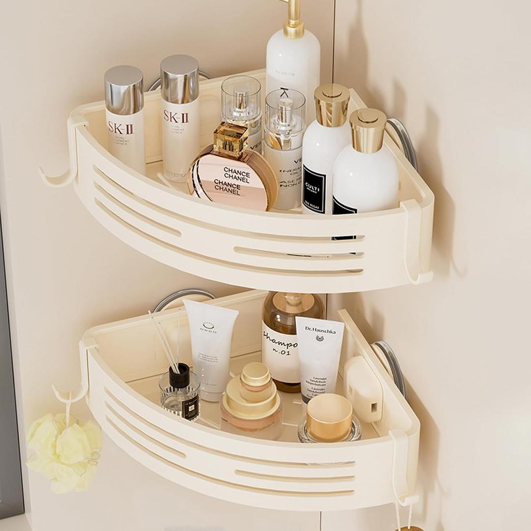 Corner Shower Caddy Suction Cup,Shower Shelves with Hooks,No Drilling Powerful Suction Bathroom Organizers and Storage,Removable Waterproof Rustproof Metal Shower Bathroom Decor (2 Pack-White)