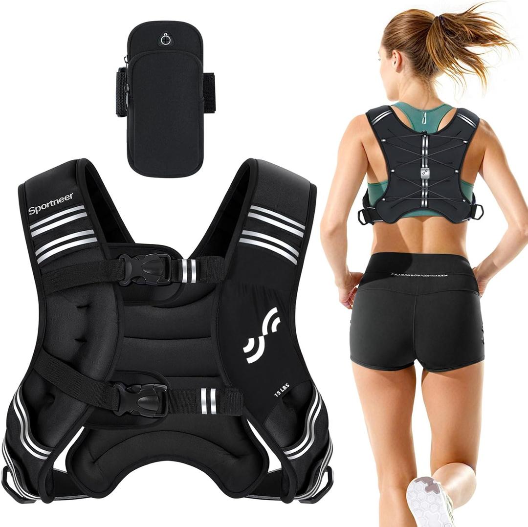 Sportneer Weighted Vest Woman: for Walking with Phone Bag, Adjustable Women Weighted Vest for Running Rucking Vest for Jogging Strength Training Weight Loss, Black, 15 lbs