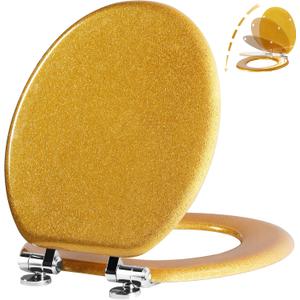 Angol Shiold Glitter Toilet Seat Molded Wood Elongated Toilet Seat with Quietly Close and Quick Release Hinges, Easy to Clean also Easy to Install (Elongated 18.5'', Gold)