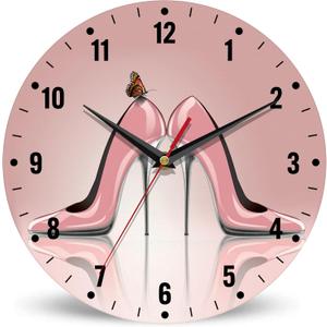 SPUNKER Clock for Bedroom,Pink High Heel Shoes Wall Clocks,Butterfly Battery Operated Wall Clock Silent Non-Ticking Decorative for Home Kitchen Bathroom Living Room Bedroom Office 10 Inch