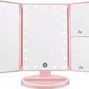 Tri-fold Lighted Vanity Makeup Mirror with 3x/2x Magnification,21 LED Lights and Touch Screen,180 Degrees Free Rotation Countertop Cosmetic Mirror,Travel(Pink)