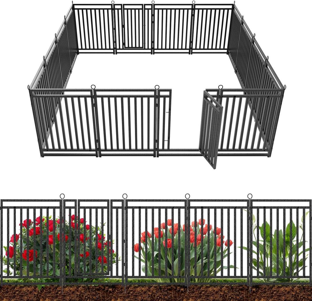 Decorative Garden Fence Metal Dog Fence Outdoor, 40in (H) x 36ft (L), 14 Panels + 2 Gates, Heavy Duty Garden Fencing Animal Barrier for Patio & Flower Bed, Black-Silver