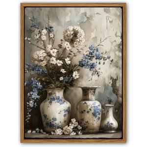 Floral Wall Art, Blue and White Flower Canvas Print, Vintage Jar Still Life Floating Framed Artwork, Rustic Farmhouse Decor for Living Room Bedroom 8x10 Ready to Hang