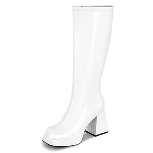SOVANYOU White Knee High Boots for Women White Gogo Boots of the 70s Disco Tall Boot Square Toe Chunky High Heeled Patent Leather Long Boot, 6