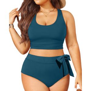 Tempt Me Plus Size Two Piece Swimsuits - Women High Waisted Bikini Scoop Neck Bathing Suit Swimwear Teal 12 Plus Tempt Me Plus Size Two Piece Swimsuits - Women High Waisted Bikini Scoop Neck Bathing Suit Swimwear Teal 12 Plus