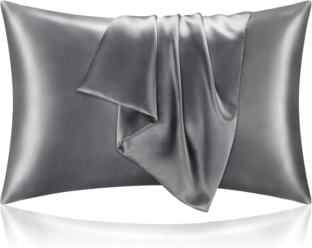 BEDELITE Satin Pillowcase with Zipper 2 Pack, Dark Grey Pillow Cases Standard Size, Super Soft and Cooling Similar to Silk Pillow Cases, Gift for Women Men(20x26 Inches)