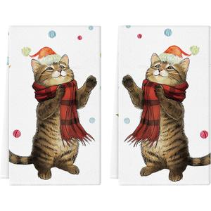 Christmas Kitchen Towels Set of 2 Cat Colorful Ball Hand Towels Dish Towels for Winter Xmas Holiday Home Kitchen Decoration 18x26 Inch