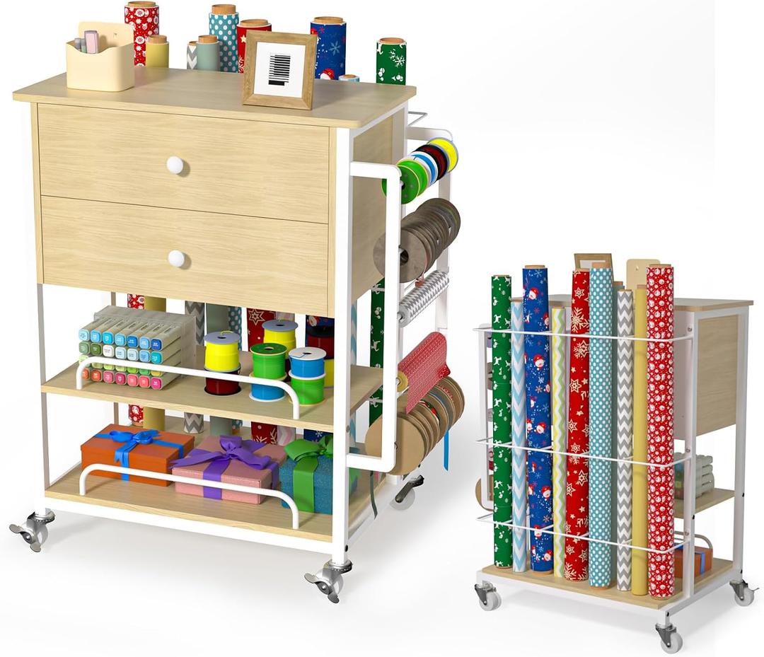 Wrapping Paper Storage & Organizer, Craft Cart with Ribbon & Gift Bag Storage, Wrapping Paper Organizer Holder(2 Wooden Drawers-Oak)
