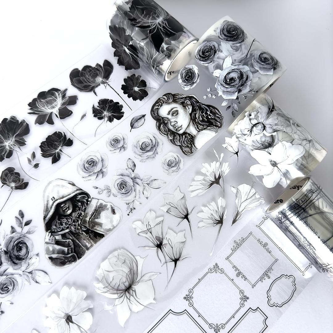 4 PET Tapes for Journaling and Scrapbooking - Black & White Junk Journal Supplies for DIY Arts & Crafts Projects