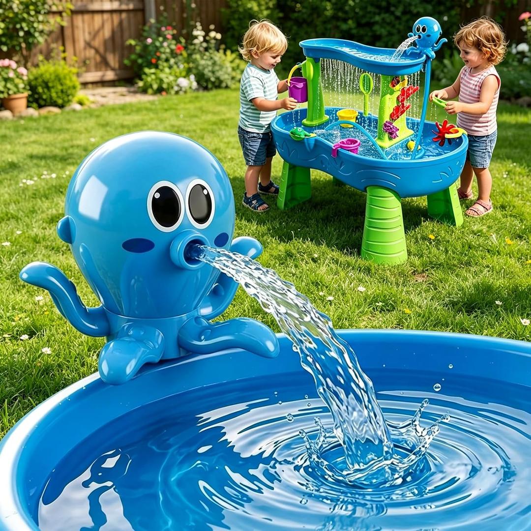 Water Table Pump with Huge Water Output, 4 Hours Non-Stop Fun, Battery Powered Continuous Flow, Edge-Locking Octopus Design for Summer Outdoor Water Table Accessories for Toddlers Kids