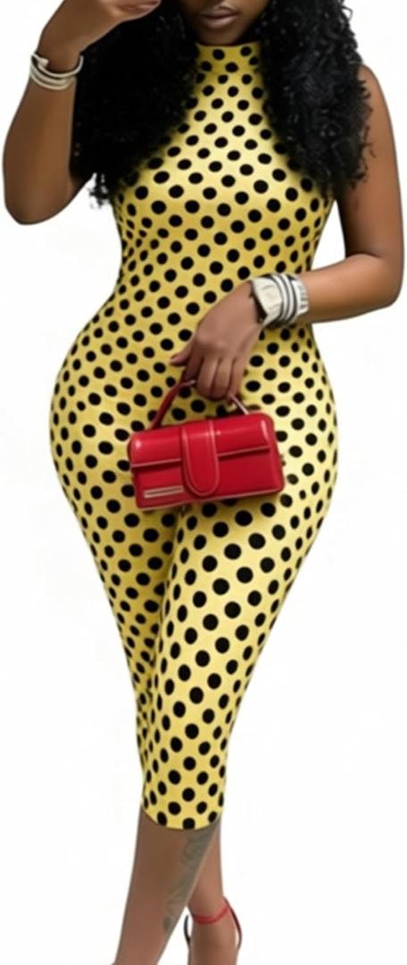Womens Polka Dot Capri Jumpsuits Sleeveless Halter Neck Backless Summer Sexy Romper Going Out Party Club Outfits (Yellow, XL)