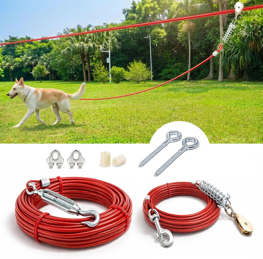 Heavy Duty Aerial Dog Tie Out Trolley System for Small to Large Dogs - Run Cable 100ft /75ft Zipline with 10ft Runner Cable Great for Yard (Red, 100 ft for one Dog up to 200 lbs)