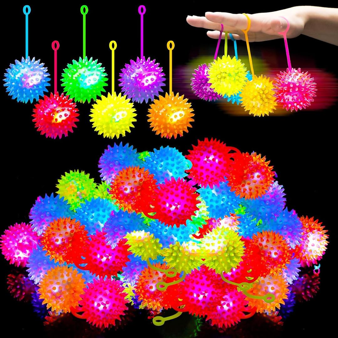 36 Pack Light Up Bouncy Balls LED Spiky Ball with Rope Fidget Sensory Stress Toys Grow in The Dark Flashing for Party Favors, 2.6 Inch