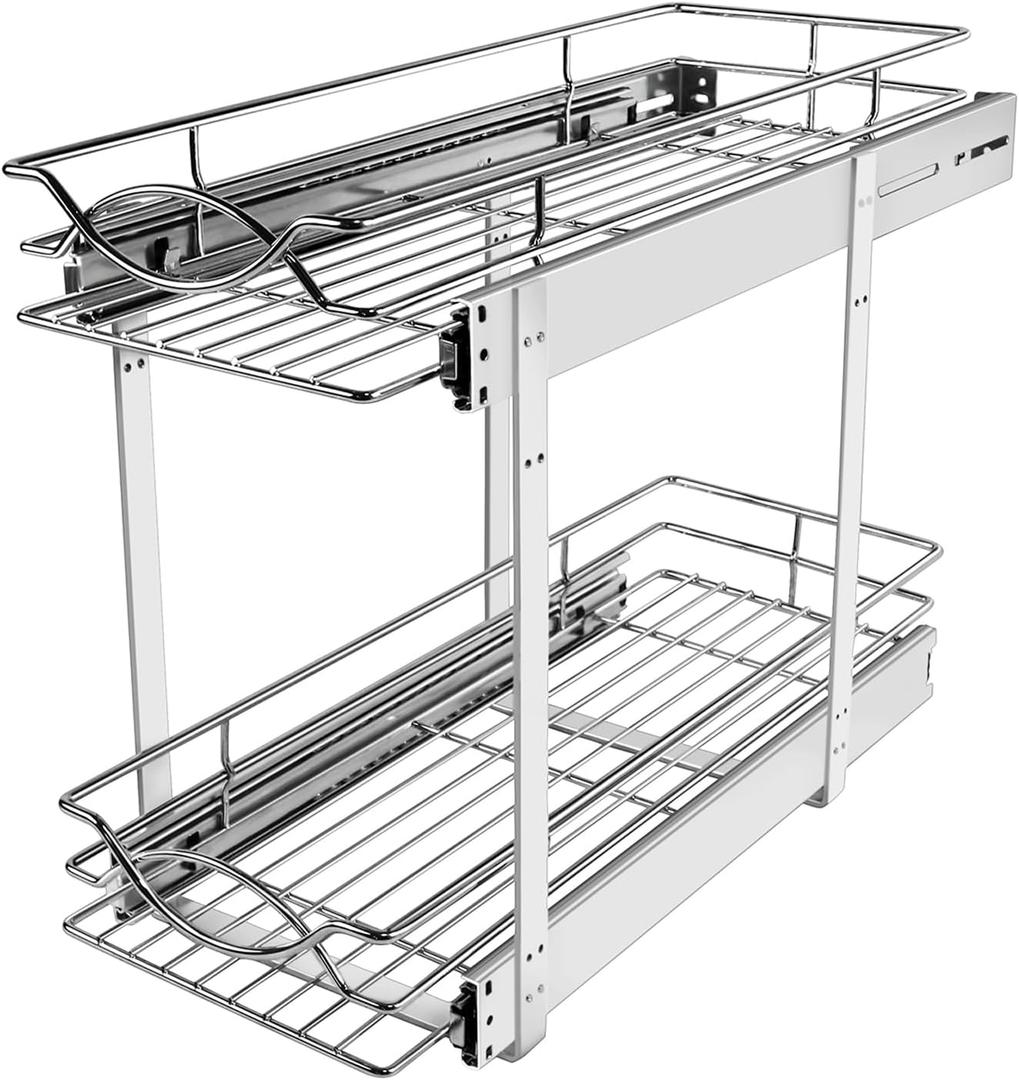 Pull Out Cabinet Organizer 9" W x 21" D 2-Tier Individual Slide Out Drawer Pantry Shelf Storage for Kitchen Base Cabinet Organization for Kitchen, Bathroom, Pantry, Chrome