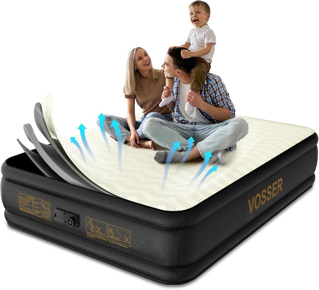 VOSSER Queen Air Mattress with Built-in Pump,18'' Foam Topper Blow Up Mattress,Luxury Inflatable Mattress 2 Mins Self-Inflation/Deflation - Breathable and Flatness-Free for Camping, Home & Guests