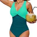 Holipick Women Tummy Control One Piece Swimsuit - Push Up Bathing Suit Full Coverage Slimming Swimwear (Medium, Green Color Block)